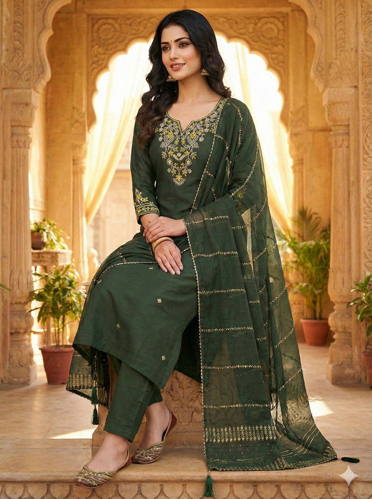 Mehandi Green Designer Roman Silk Kurti Set with Zari & Sequin Dupatta